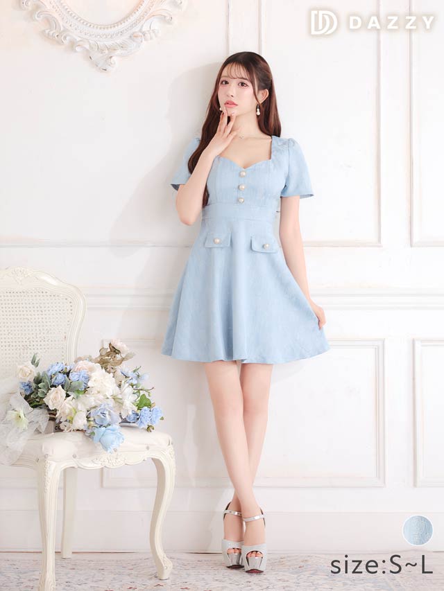 ジャガードローズパールビジュー半袖Aラインミニドレス[SML/3サイズ展開][伊藤桃々着用]