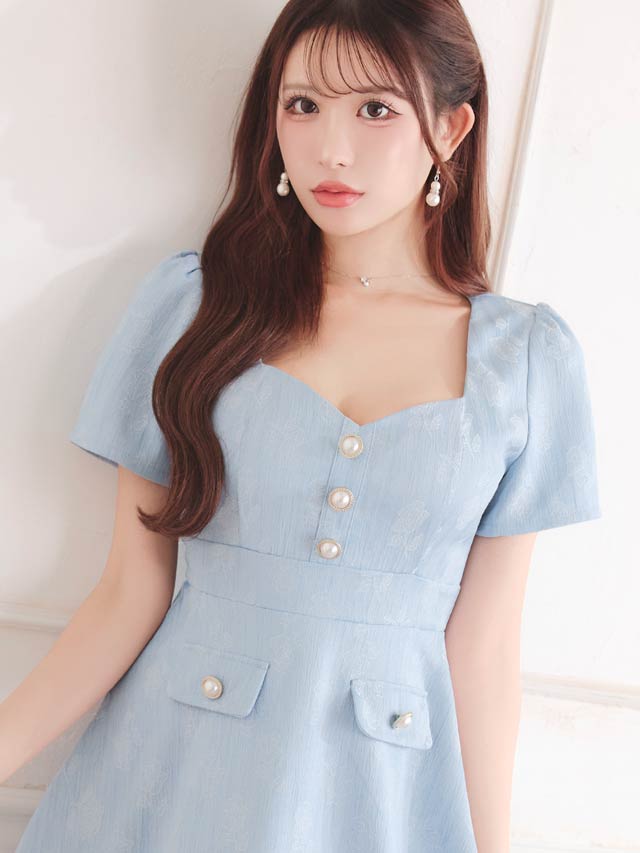 ジャガードローズパールビジュー半袖Aラインミニドレス[SML/3サイズ展開][伊藤桃々着用]