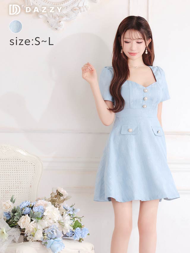 ジャガードローズパールビジュー半袖Aラインミニドレス[SML/3サイズ展開][伊藤桃々着用]