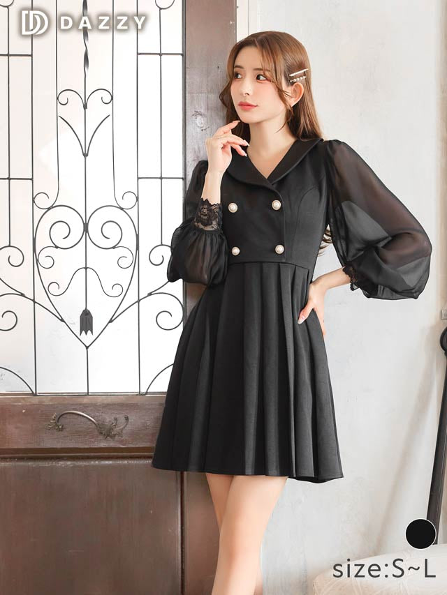 テーラードボタンチュール長袖プリーツAラインミニドレス[SML/3サイズ展開]