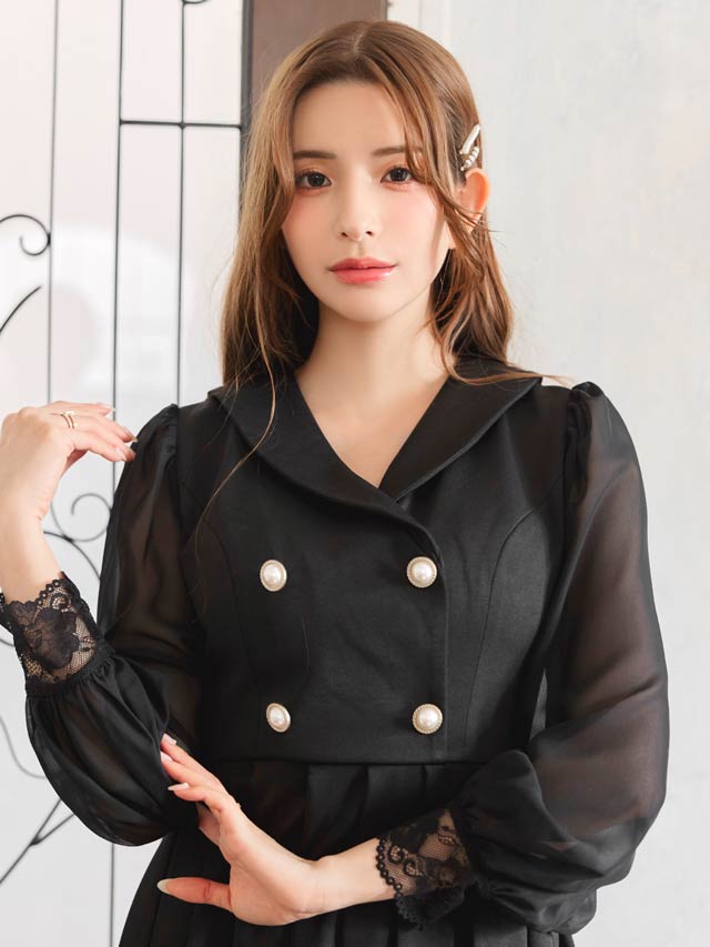 テーラードボタンチュール長袖プリーツAラインミニドレス[SML/3サイズ展開]