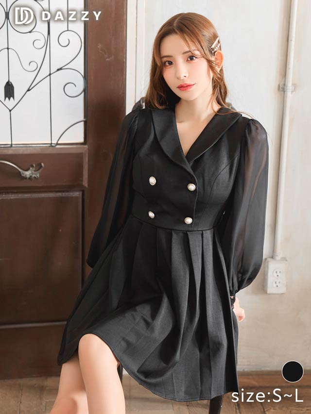 テーラードボタンチュール長袖プリーツAラインミニドレス[SML/3サイズ展開]