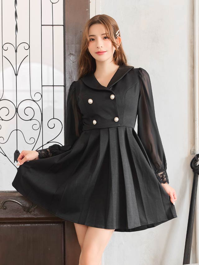 テーラードボタンチュール長袖プリーツAラインミニドレス[SML/3サイズ展開]