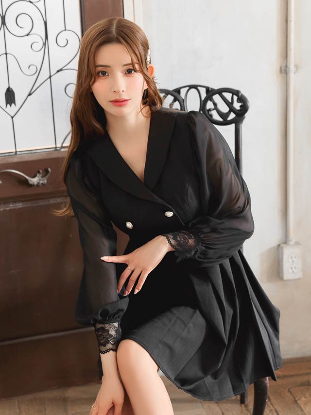 テーラードボタンチュール長袖プリーツAラインミニドレス[SML/3サイズ展開]