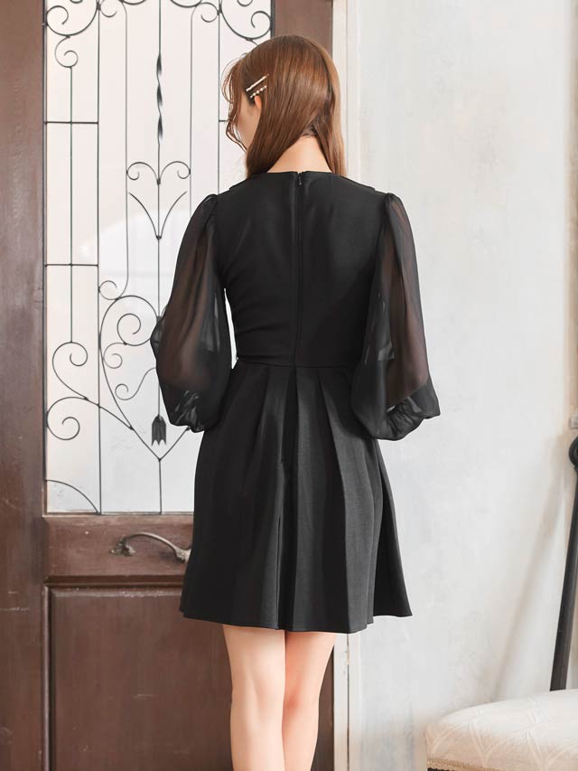 テーラードボタンチュール長袖プリーツAラインミニドレス[SML/3サイズ展開]