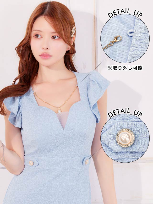 パールチャームシアースリットフリル袖タイトミニドレス[SML/3サイズ展開]