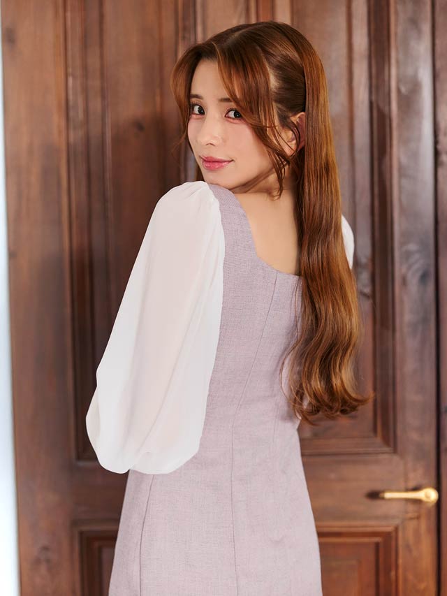 7/25新作!フロントジップツイードシフォンレース長袖マーメイドミニドレス[SML/3サイズ展開]