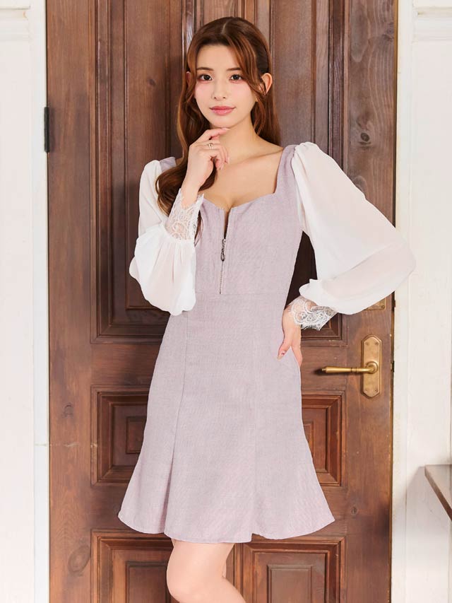 7/25新作!フロントジップツイードシフォンレース長袖マーメイドミニドレス[SML/3サイズ展開]