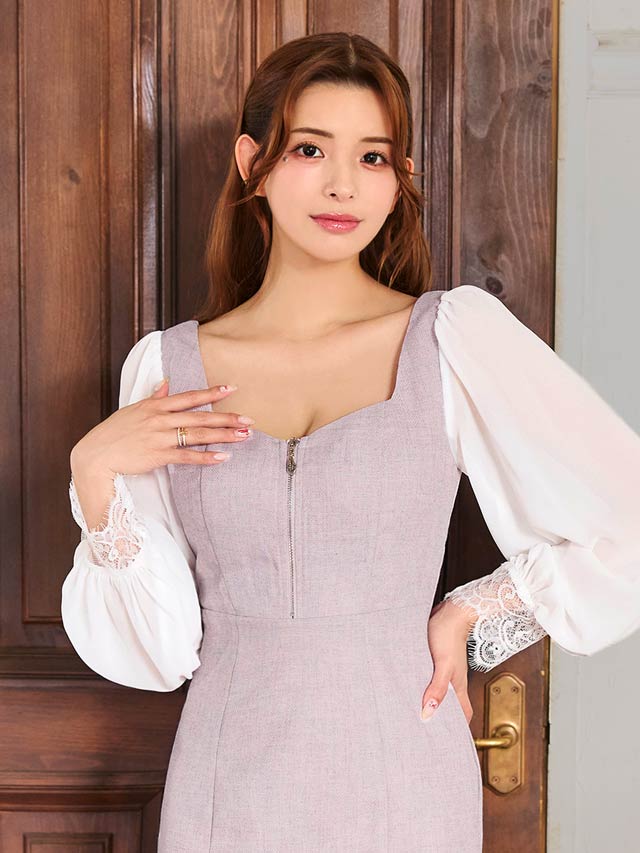 7/25新作!フロントジップツイードシフォンレース長袖マーメイドミニドレス[SML/3サイズ展開]