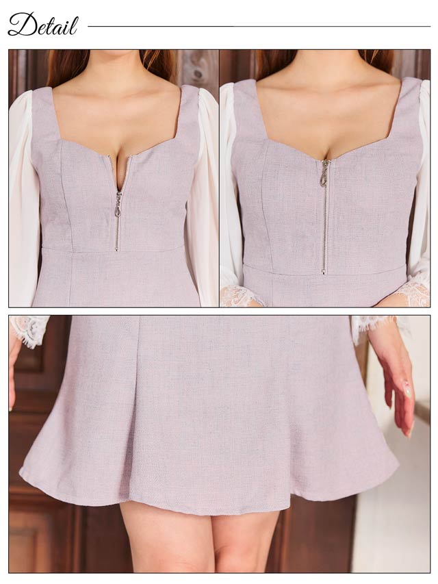 7/25新作!フロントジップツイードシフォンレース長袖マーメイドミニドレス[SML/3サイズ展開]