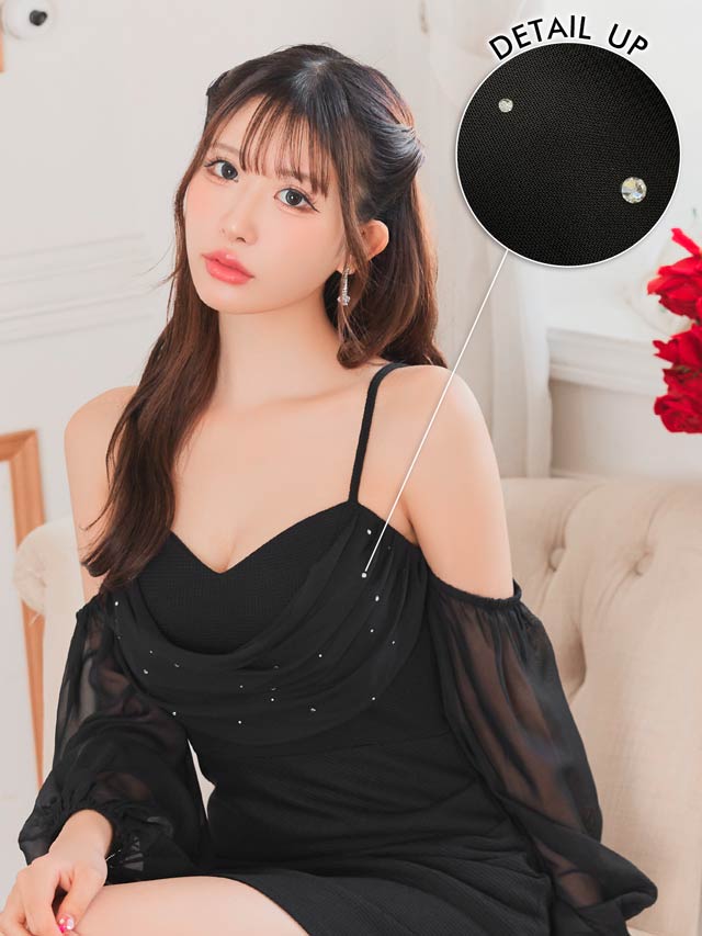 7/30新作!オフショルラインストーンドレープシフォン袖タイトミニドレス[SML/3サイズ展開][伊藤桃々着用]