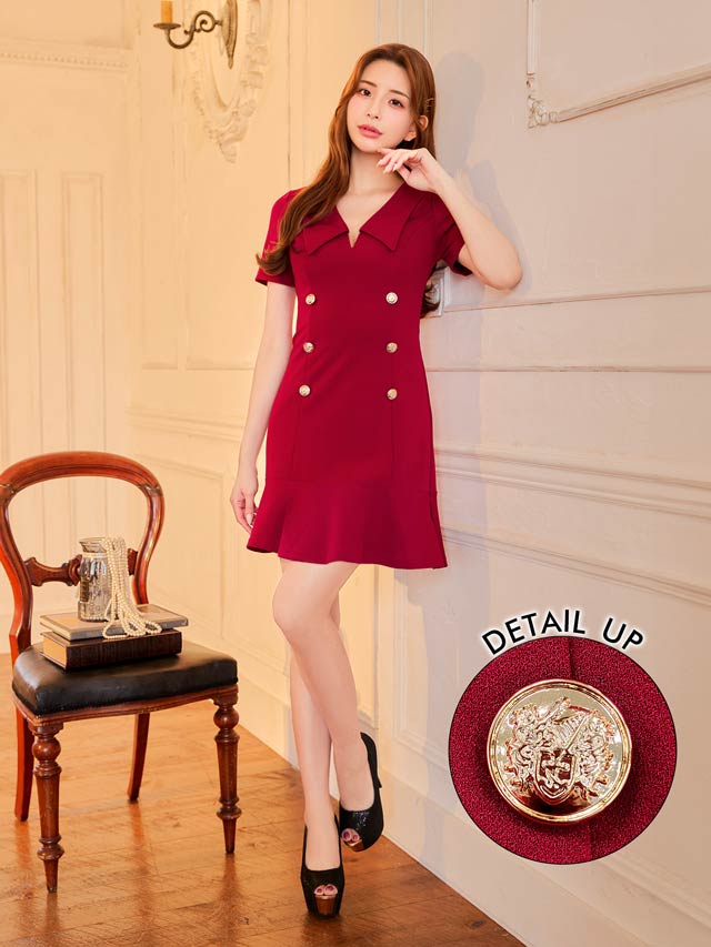 襟付きVネックダブルボタン半袖マーメイドミニドレス[SML/3サイズ展開]