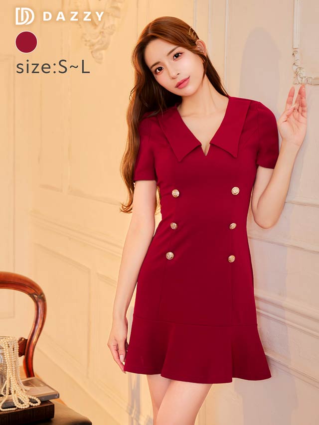 襟付きVネックダブルボタン半袖マーメイドミニドレス[SML/3サイズ展開]