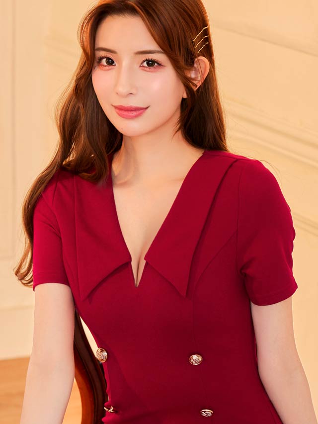 襟付きVネックダブルボタン半袖マーメイドミニドレス[SML/3サイズ展開]