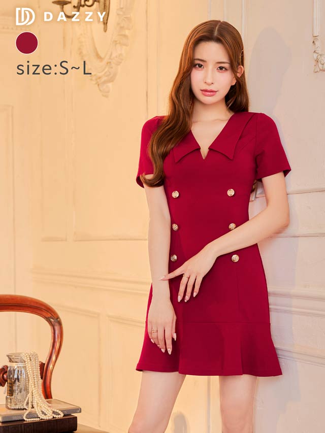 襟付きVネックダブルボタン半袖マーメイドミニドレス[SML/3サイズ展開]