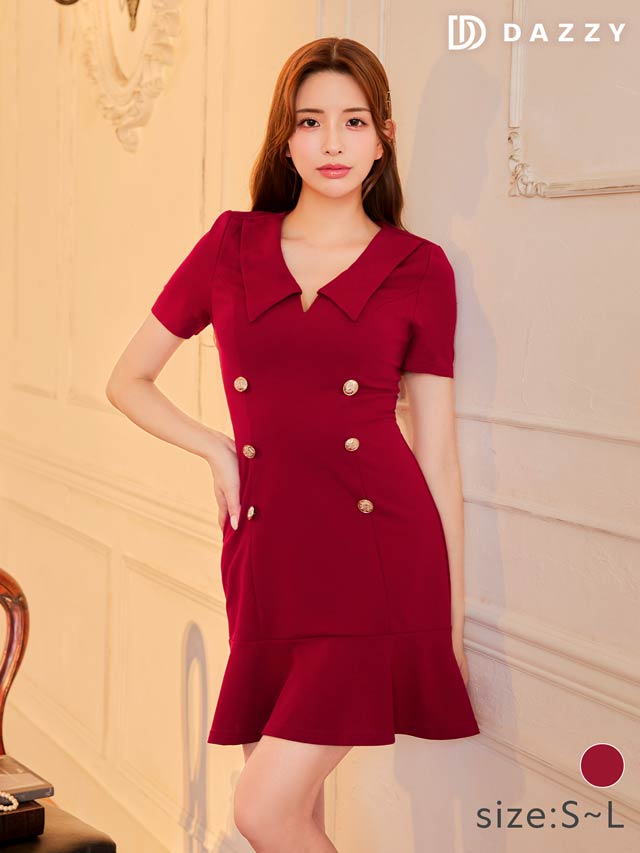 襟付きVネックダブルボタン半袖マーメイドミニドレス[SML/3サイズ展開]