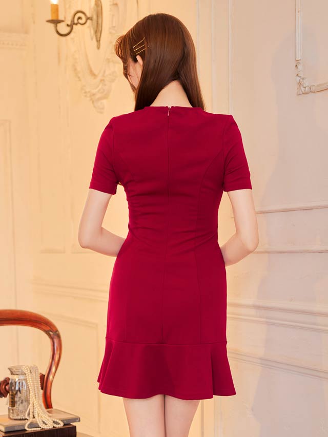 襟付きVネックダブルボタン半袖マーメイドミニドレス[SML/3サイズ展開]