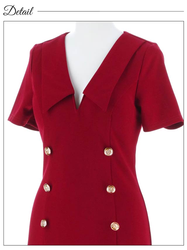 襟付きVネックダブルボタン半袖マーメイドミニドレス[SML/3サイズ展開]