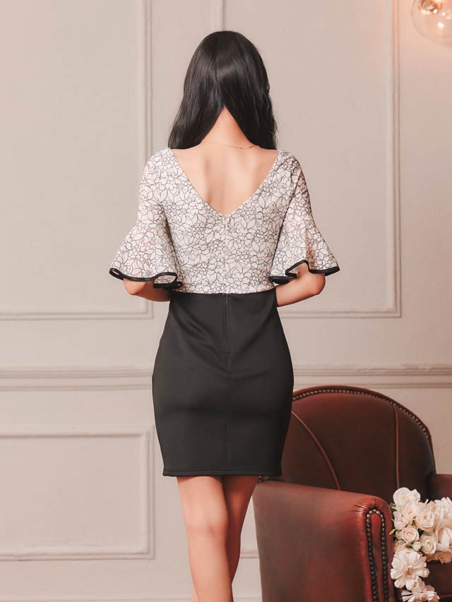 8/1新作!ツイストフラワーレースパイピングフレア袖タイトミニドレス[SML/3サイズ展開]