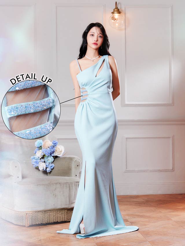 8/6新作!アシンメトリーカットギャザースリットマーメイドロングドレス[SML/3サイズ展開]