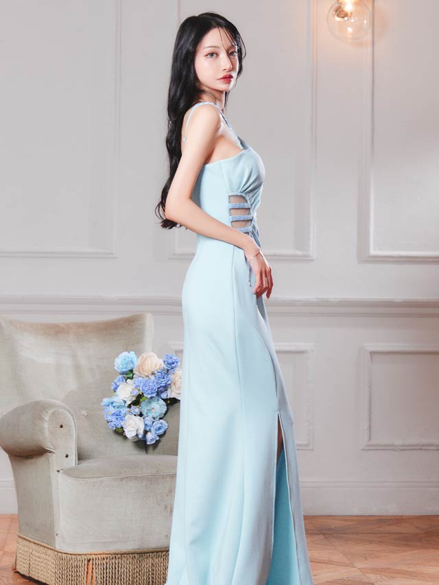 8/6新作!アシンメトリーカットギャザースリットマーメイドロングドレス[SML/3サイズ展開]