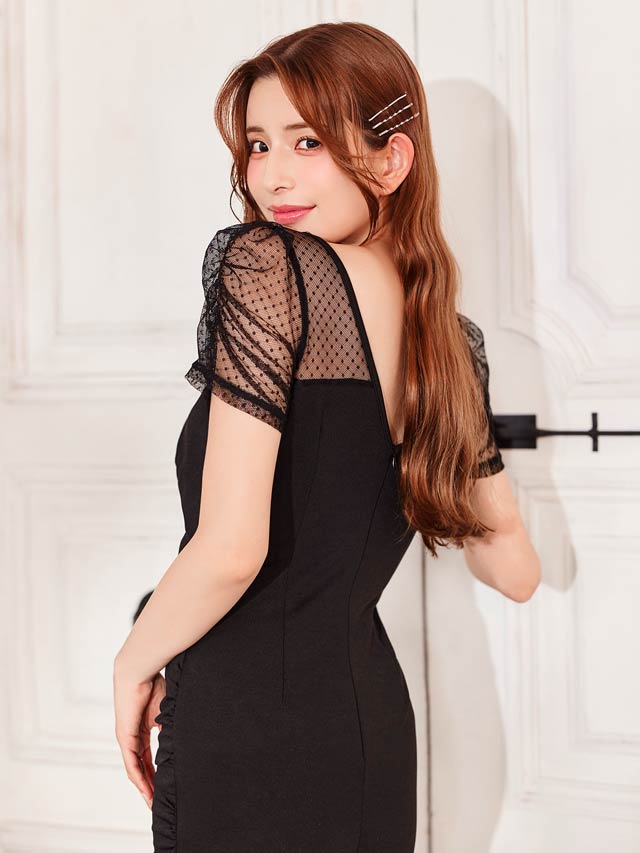 7/28新作!ドットシアーリボン風ビジューバックル半袖タイトミニドレス[SML/3サイズ展開][プチプラドレス]