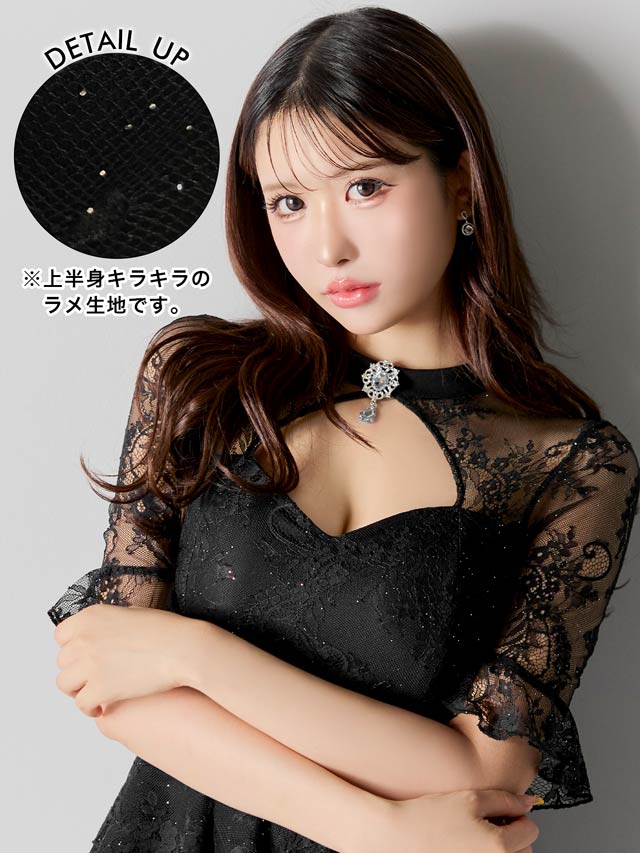 8/1新作!グリッターペプラムフラワーレース五分袖タイトミニドレス[SML/3サイズ展開][伊藤桃々着用]