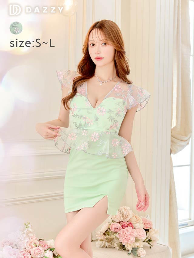 8/1新作!パステルフラワー刺繍シアーペプラムフリル袖タイトミニドレス[SML/3サイズ展開]