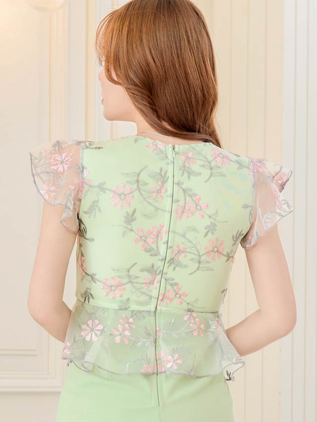 8/1新作!パステルフラワー刺繍シアーペプラムフリル袖タイトミニドレス[SML/3サイズ展開]