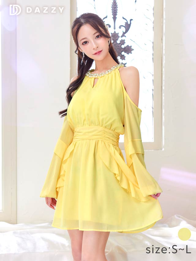 パールビジュードレープ長袖オープンショルダーAラインミニドレス[SML/3サイズ展開]