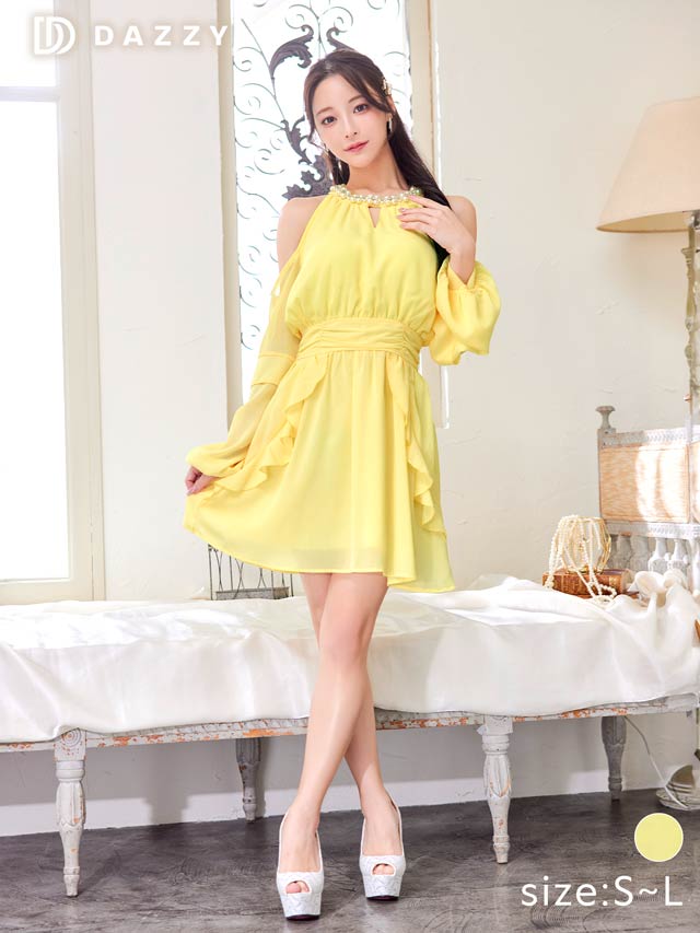 パールビジュードレープ長袖オープンショルダーAラインミニドレス[SML/3サイズ展開]