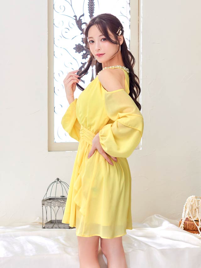 パールビジュードレープ長袖オープンショルダーAラインミニドレス[SML/3サイズ展開]