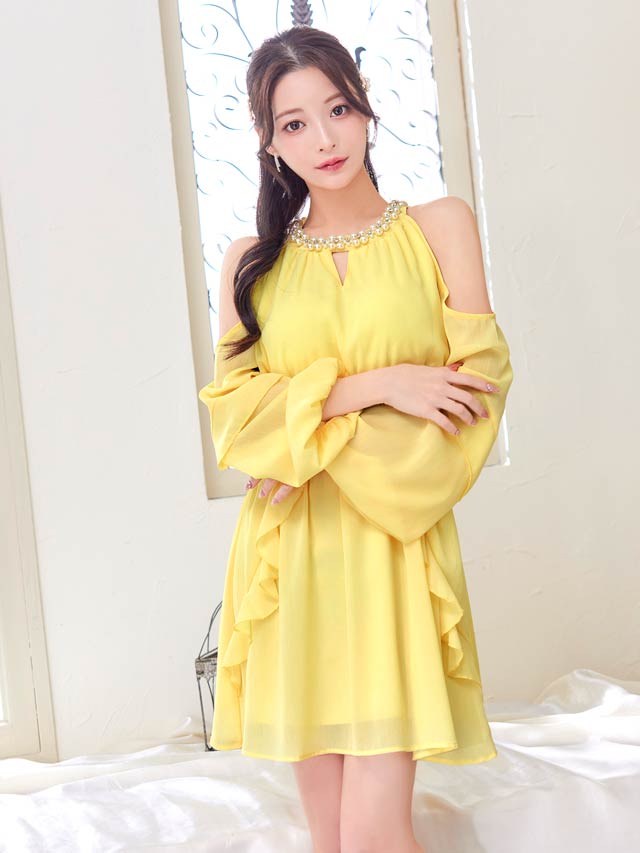 パールビジュードレープ長袖オープンショルダーAラインミニドレス[SML/3サイズ展開]