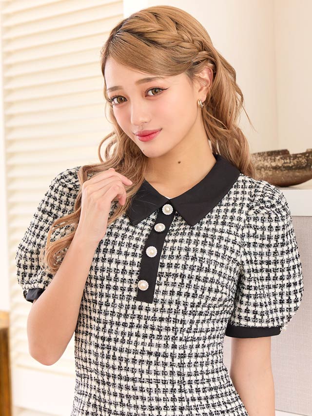 チェックツイードパフスリーブ襟付きAラインミニドレス[XS~L/4サイズ展開]