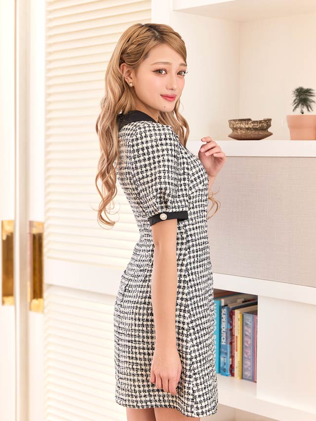 チェックツイードパフスリーブ襟付きAラインミニドレス[XS~L/4サイズ展開]