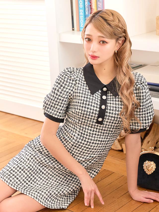 チェックツイードパフスリーブ襟付きAラインミニドレス[XS~L/4サイズ展開]