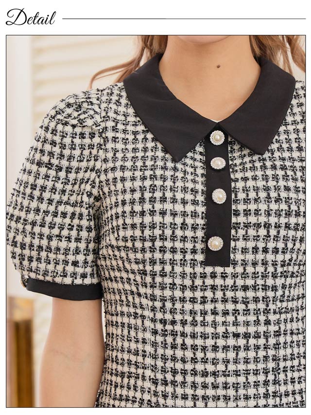 チェックツイードパフスリーブ襟付きAラインミニドレス[XS~L/4サイズ展開]