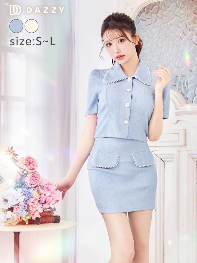 襟付きパールボタンフェイクポケット半袖タイトミニセットアップ[SML/3サイズ展開]