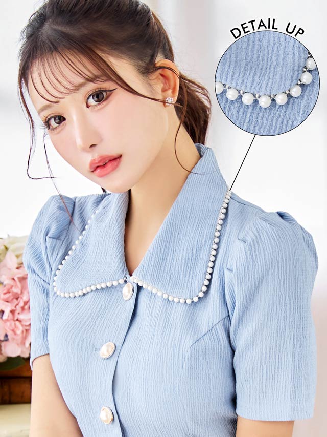 襟付きパールボタンフェイクポケット半袖タイトミニセットアップ[SML/3サイズ展開]