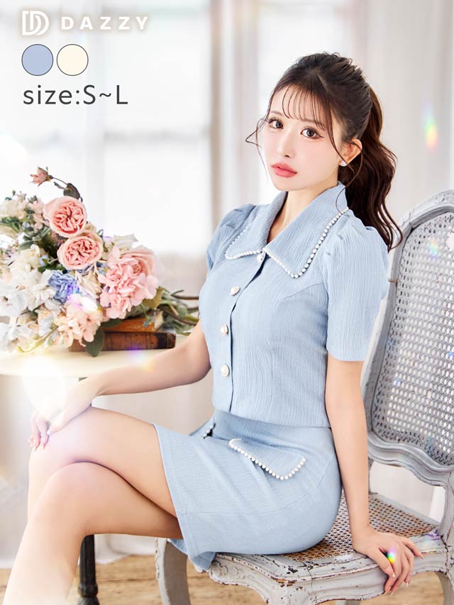 襟付きパールボタンフェイクポケット半袖タイトミニセットアップ[SML/3サイズ展開]