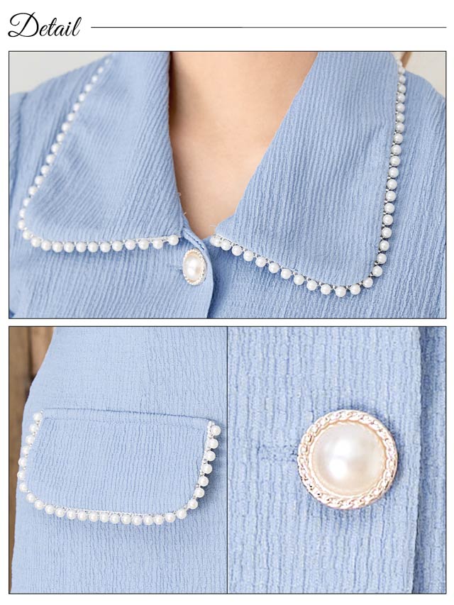 襟付きパールボタンフェイクポケット半袖タイトミニセットアップ[SML/3サイズ展開]