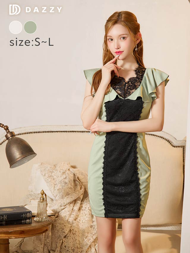 バイカラーレース切り替えフリルタイトミニドレス[SML/3サイズ展開]