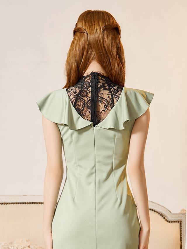 バイカラーレース切り替えフリルタイトミニドレス[SML/3サイズ展開]