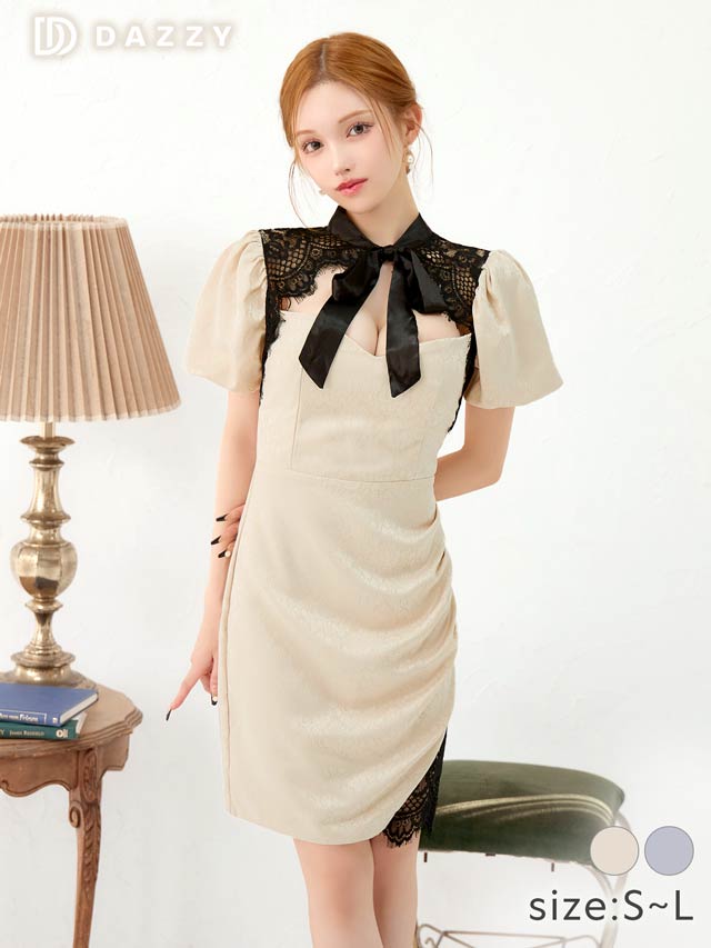 パフスリーブリボンタイシアーレースタイトミニドレス[SML/3サイズ展開]