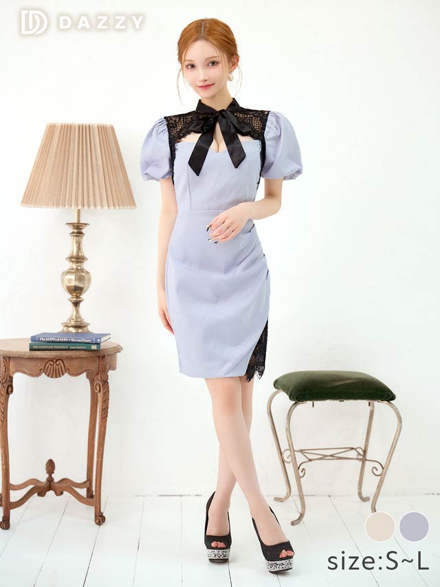 パフスリーブリボンタイシアーレースタイトミニドレス[SML/3サイズ展開]