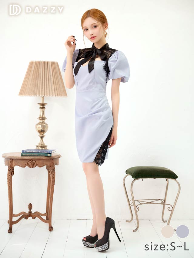 パフスリーブリボンタイシアーレースタイトミニドレス[SML/3サイズ展開]