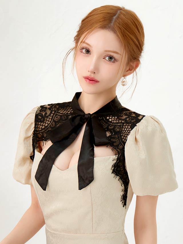 パフスリーブリボンタイシアーレースタイトミニドレス[SML/3サイズ展開]