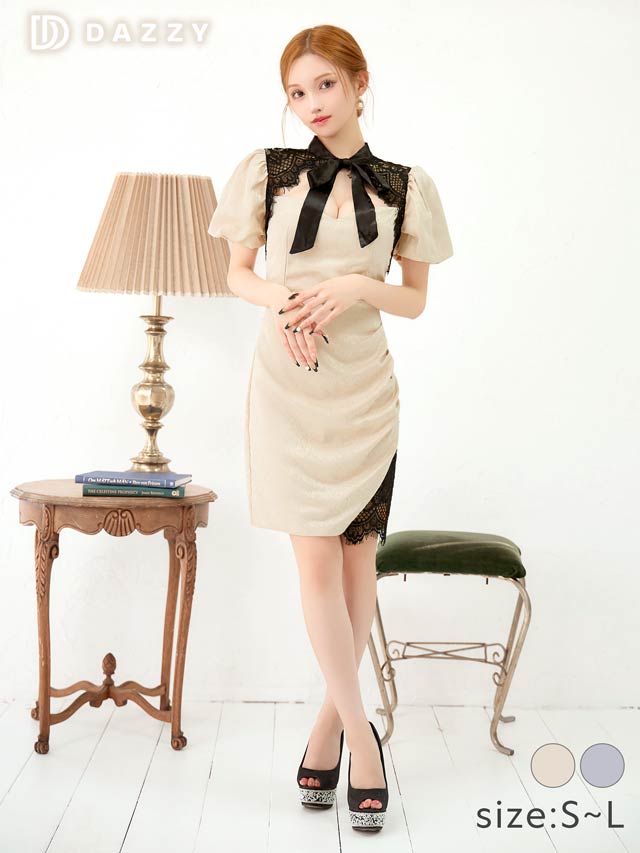 パフスリーブリボンタイシアーレースタイトミニドレス[SML/3サイズ展開]