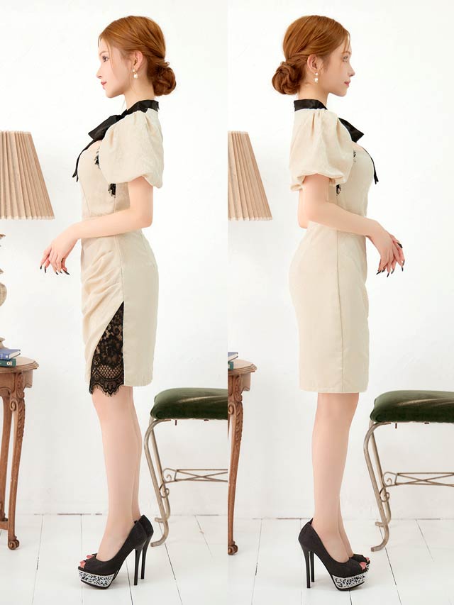 パフスリーブリボンタイシアーレースタイトミニドレス[SML/3サイズ展開]