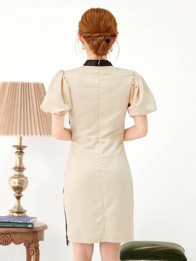 パフスリーブリボンタイシアーレースタイトミニドレス[SML/3サイズ展開]